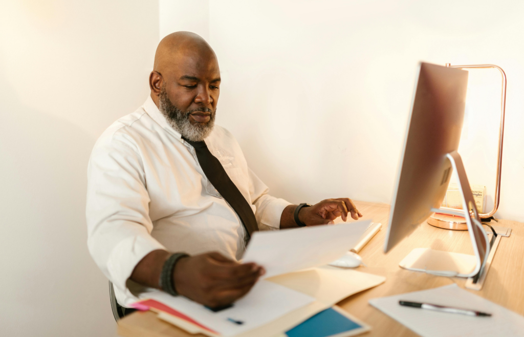 A employee looking at a document