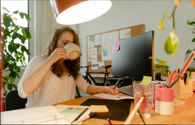 A worker stepping away from their desk for a walk