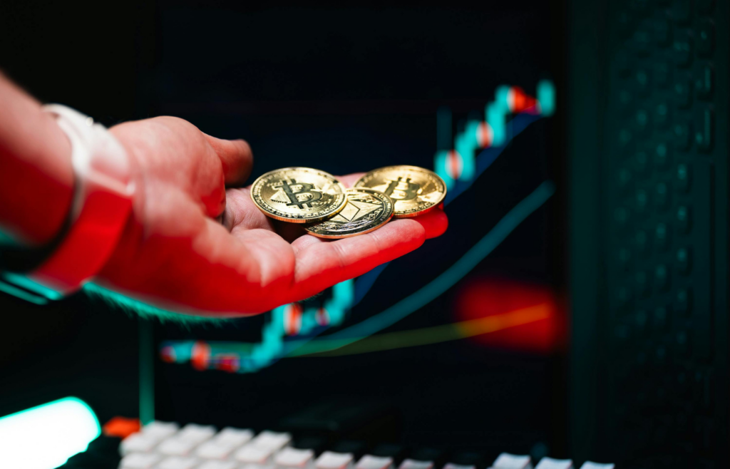 A glowing Bitcoin coin with a price chart in the background