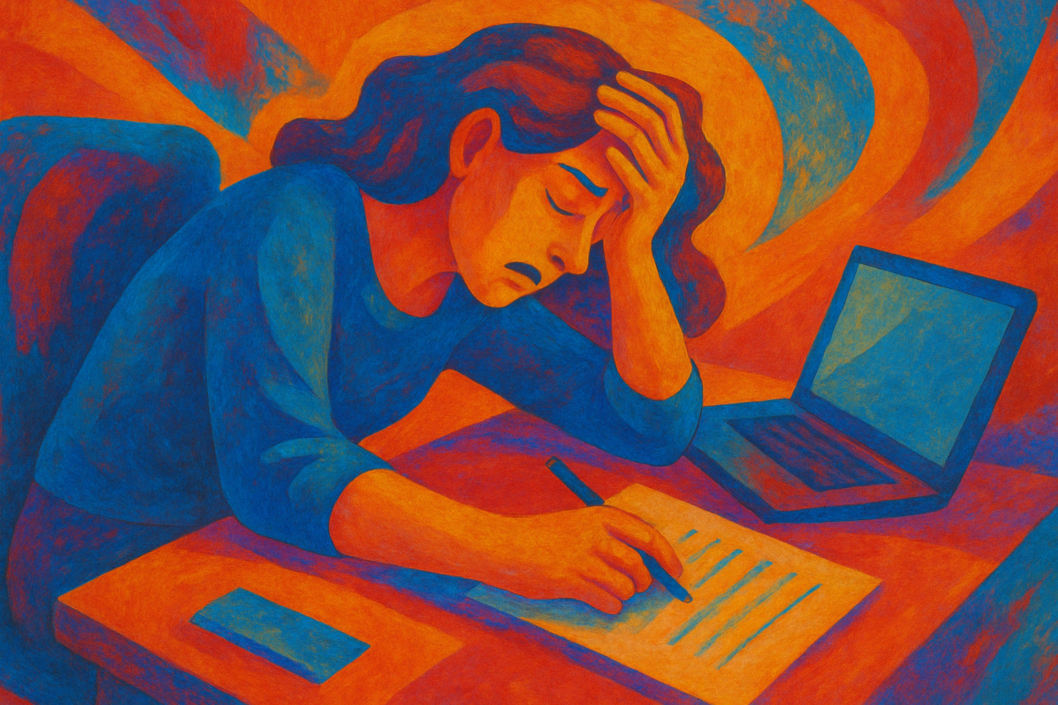 Woman toiling away at her desk