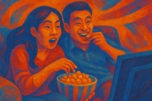 Couple watching tv at home