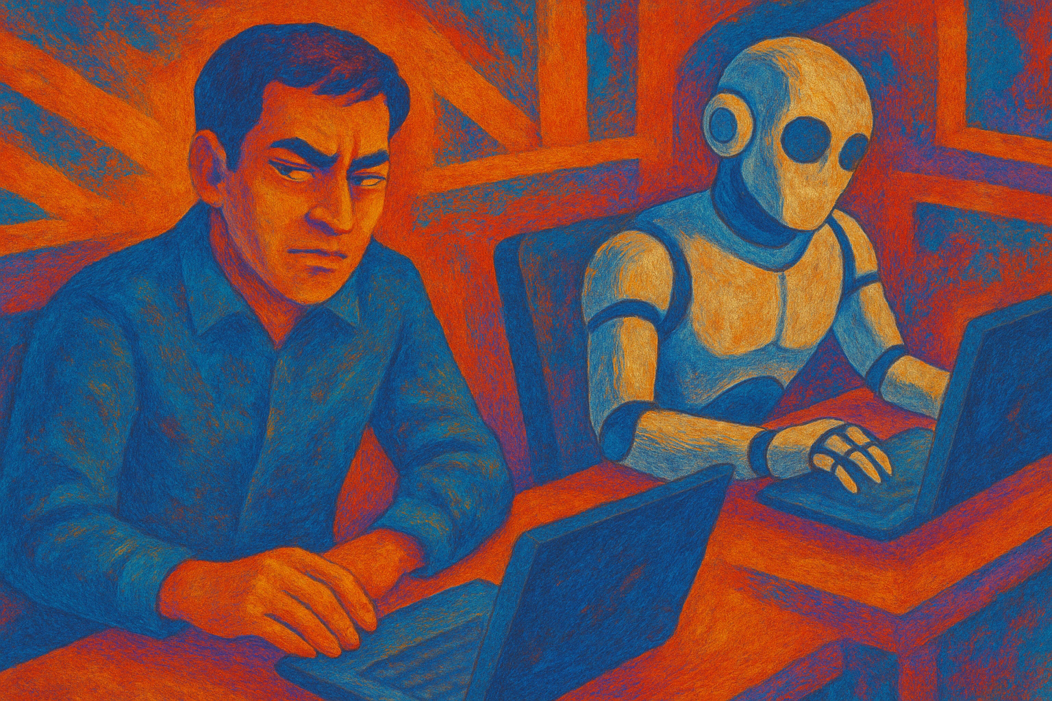 Man works next to a robot doing the same job