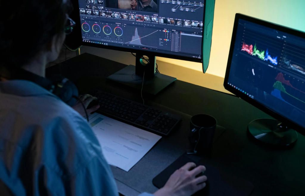 A video editor working on AI-assisted effects on screen