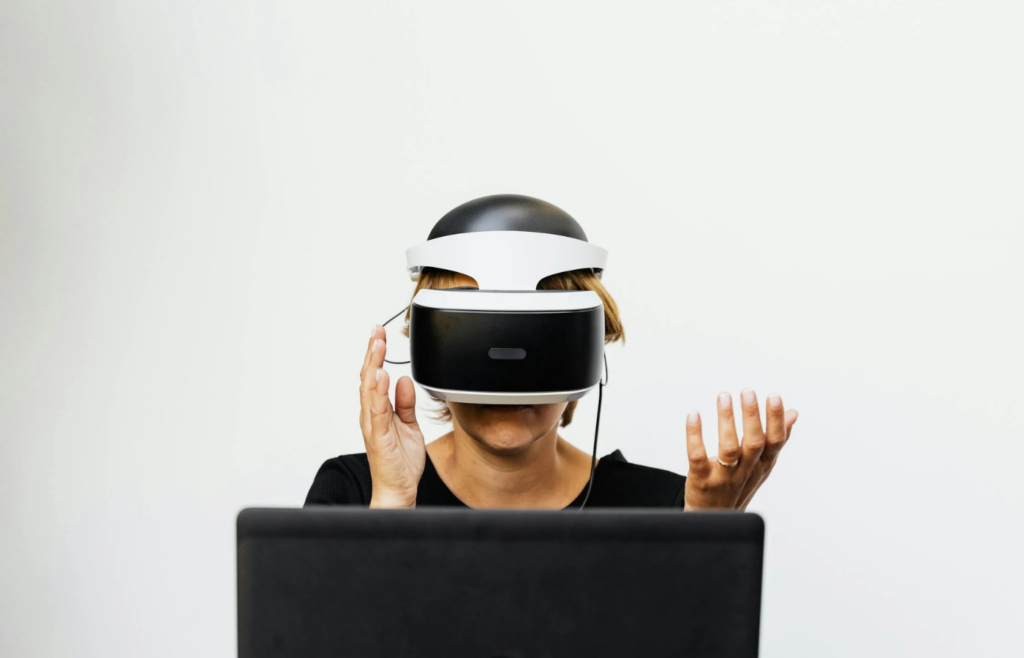 A person wearing a VR headset in a professional setting