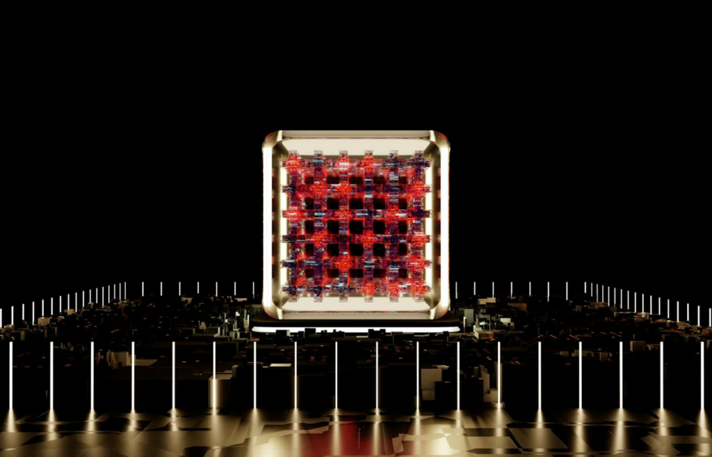 A futuristic lab with glowing quantum hardware