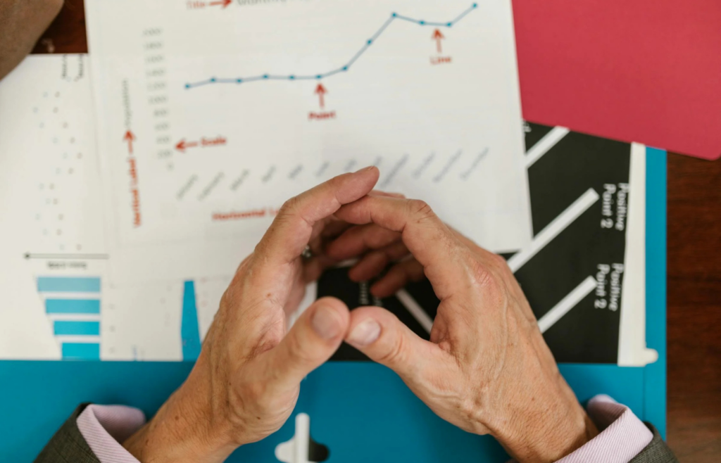 A performance review document with declining graphs and concerned annotations