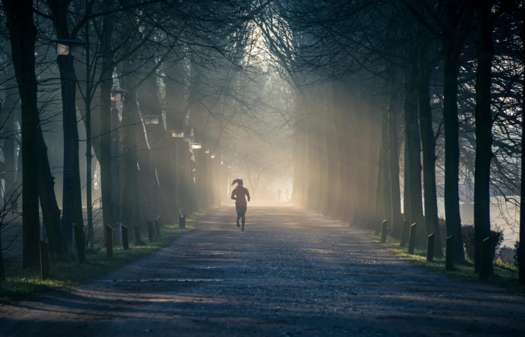 An individual jogging in a park during early morning