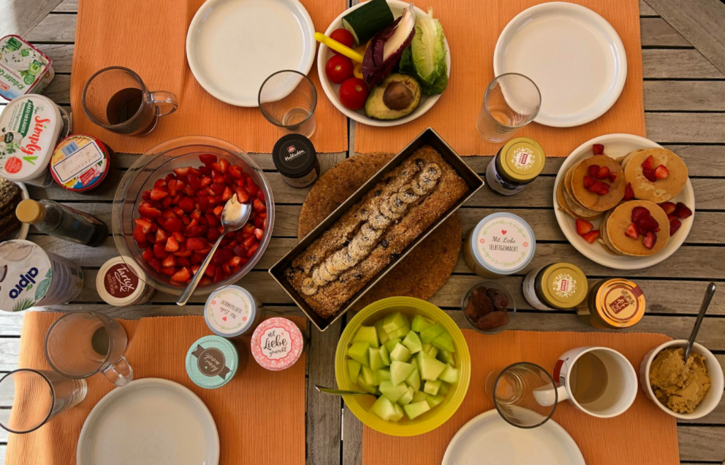A healthy breakfast spread with whole grains, fruits, and proteins