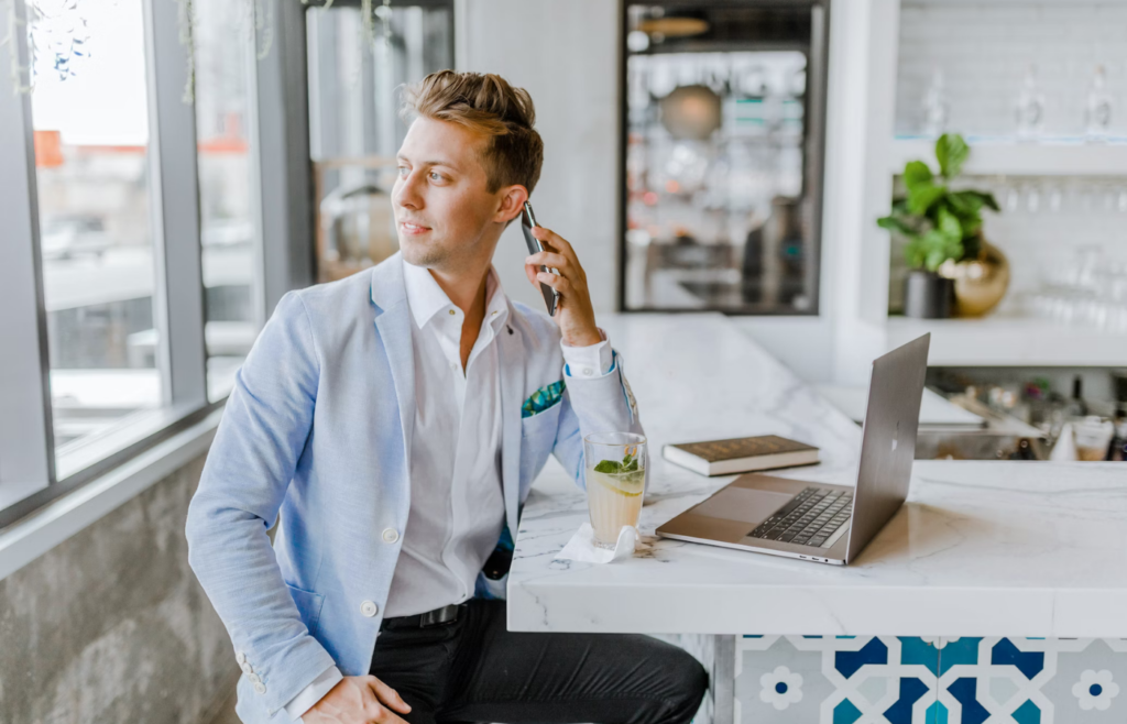 Professional in blue blazer on phone