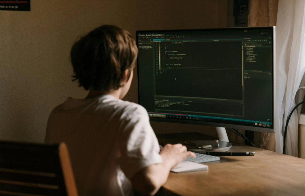 A teenager coding or building inside Minecraft