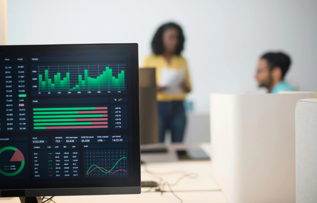Stock performance charts and financial dashboards on a monitor