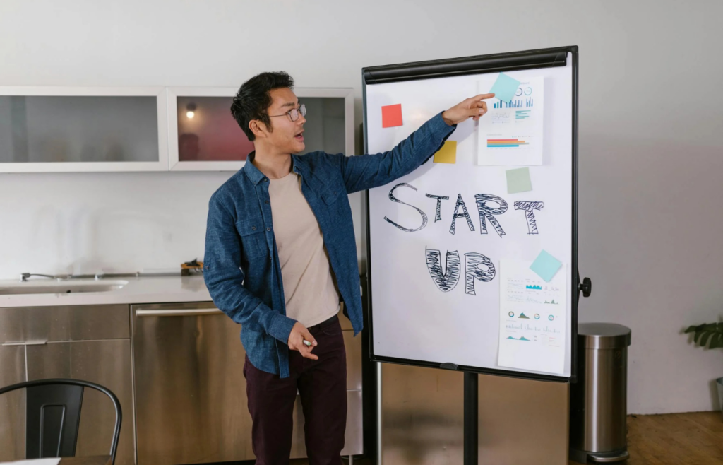 Man presenting start-up ideas on whiteboard