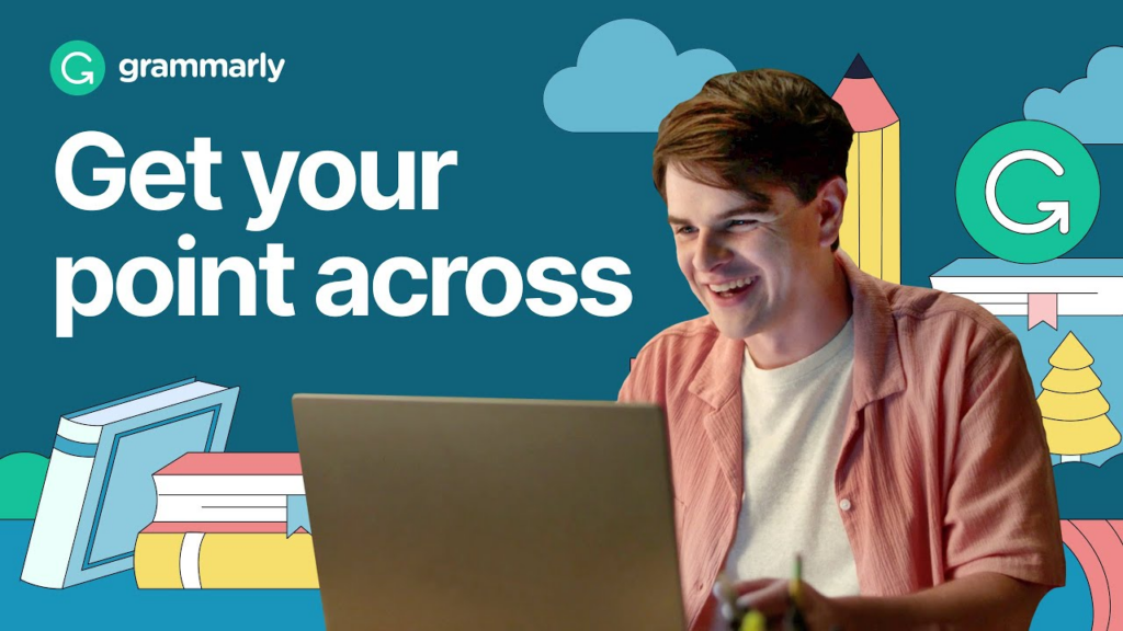 Grammarly promotional image with laptop user