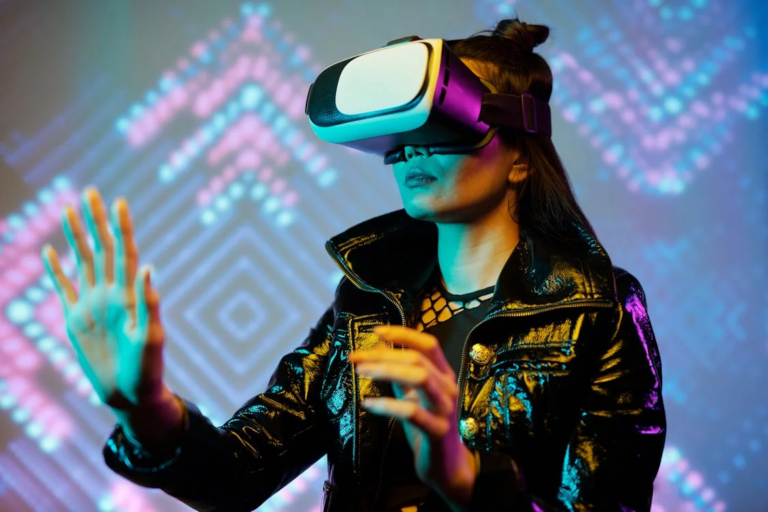 A person in a black leather jacket wearing a VR headset