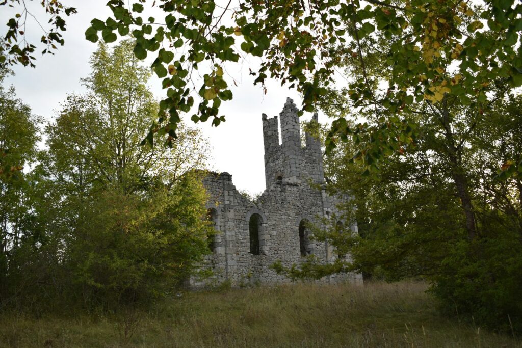 An old stone building sitting in the middle of a forest