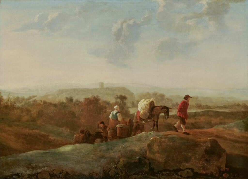 People and horse travel on a hilly landscape