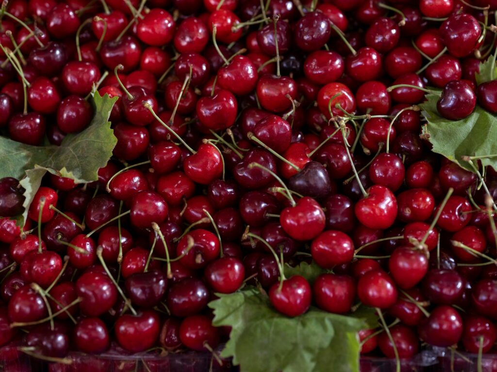 a pile of cherries with leaves on them