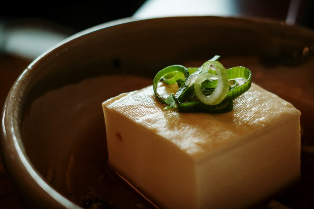 A block of tofu topped with sliced green onions.