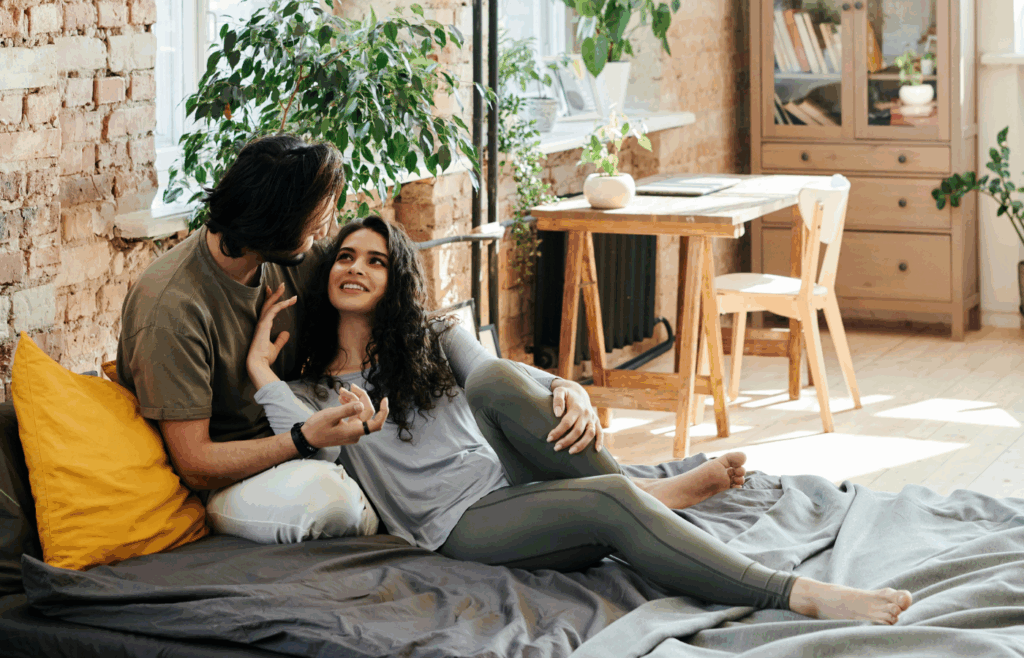 man and woman in living room
