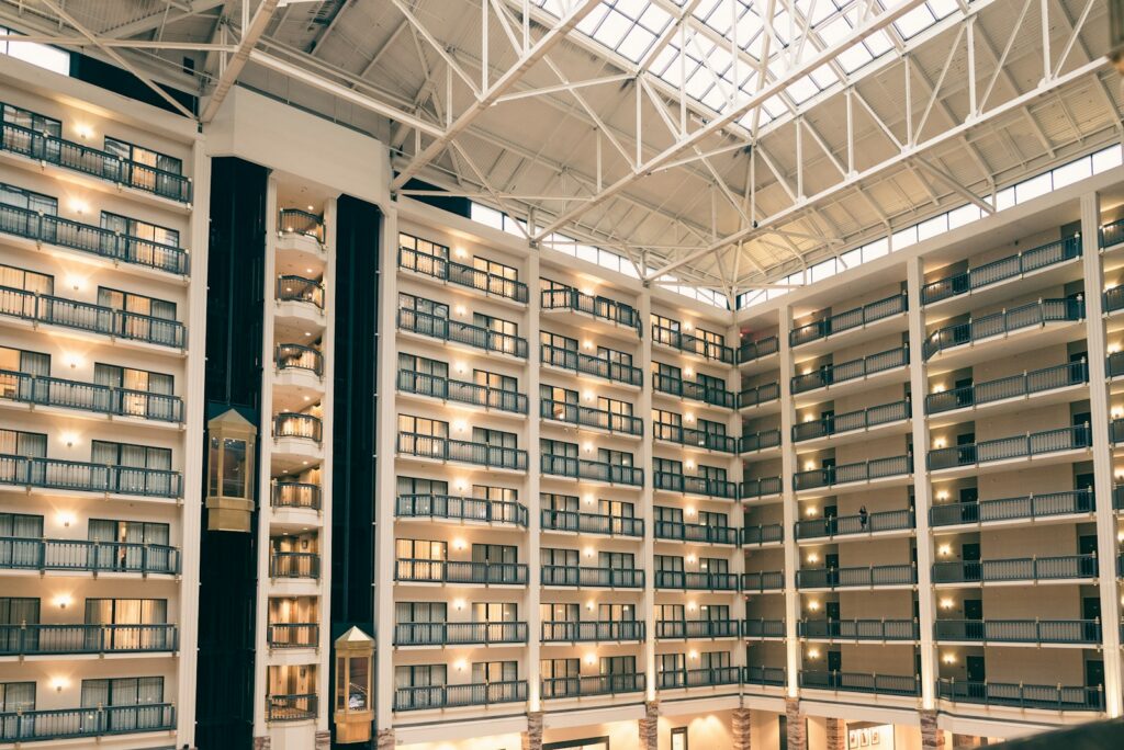 a large building with a lot of windows inside of it