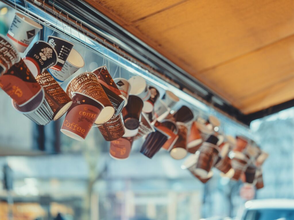 cups of coffee are hanging from a rack