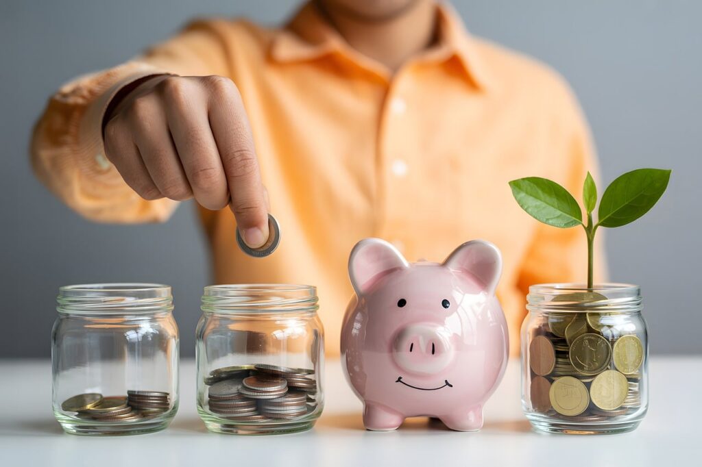 piggy bank, savings concept, glass jars, coins jar, sprouting plant, investment growth, financial strategy, money savings, growth concept, coin savings, budget planning, financial literacy, saving money, wealth building, savings jars, piggy savings, green investment, financial planning, growth strategy, savings tips, investment ideas, money management, financial goals, wealth accumulation, ai generated