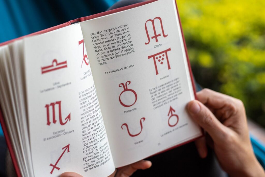Open book displaying zodiac symbols and seasonal descriptions being held by hands.