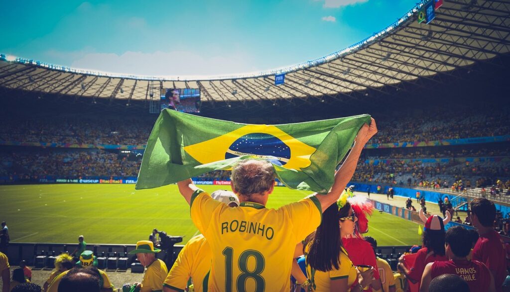 Brazil soccer fan in stadium with flag