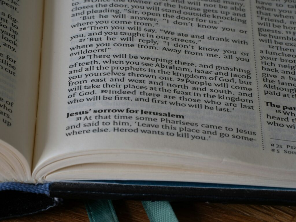 A close up of an open book on a table