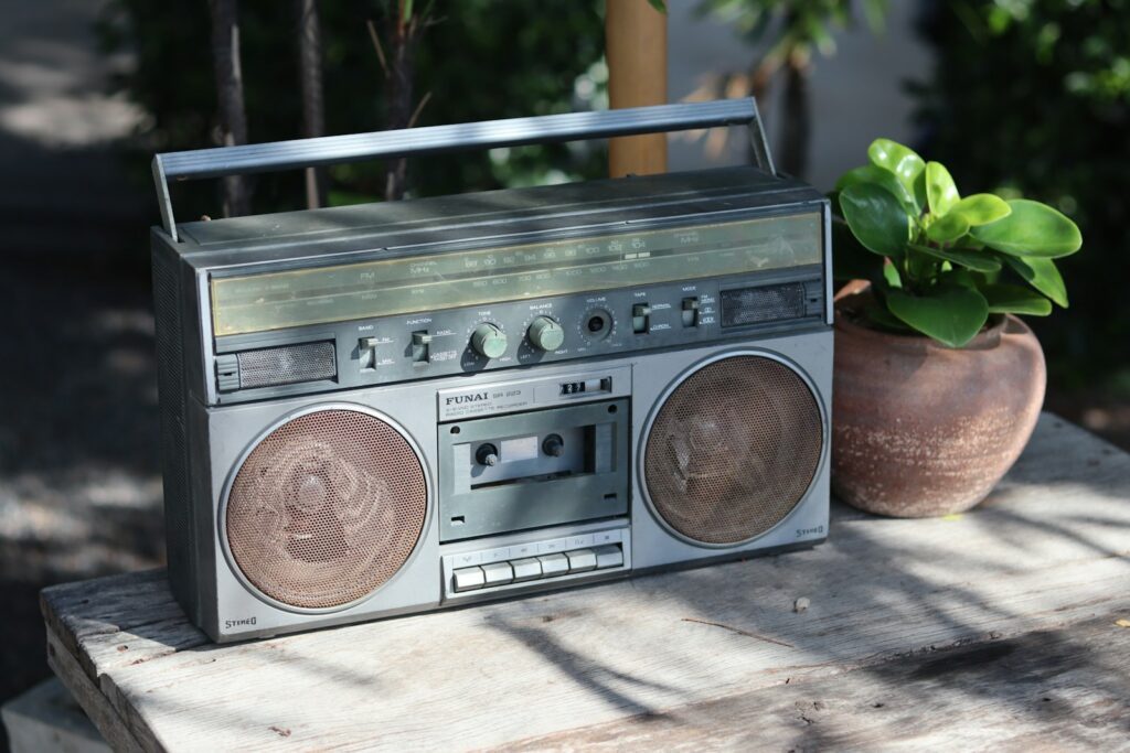 brown and black retro cassette radio
