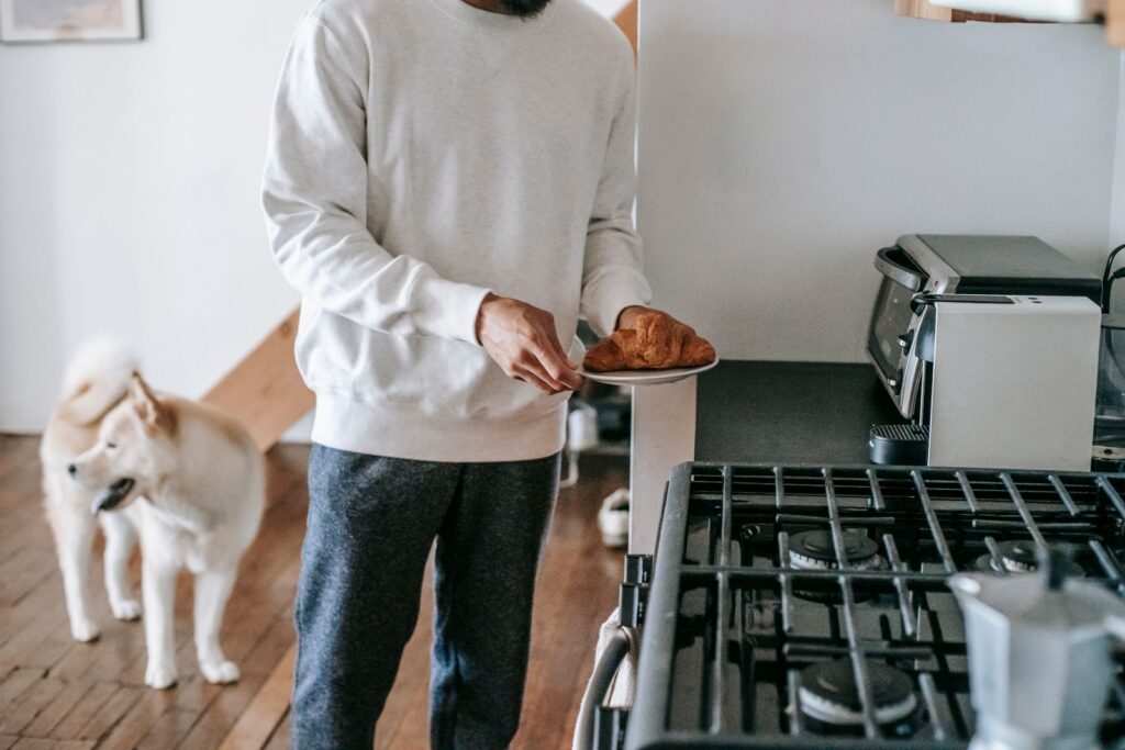 Crop anonymous male owner in casual outfit holding plate with fresh yummy croissant while standing in kitchen near adorable Akita Inu dog