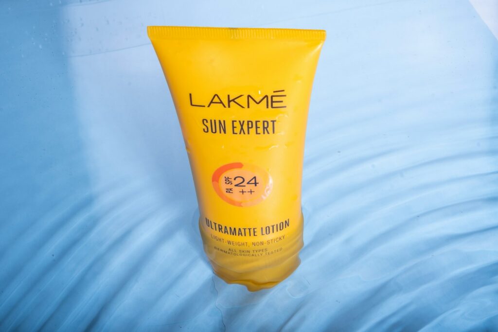 a tube of lakme sun expert sunscreen for all skin types
