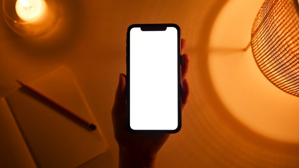 A hand holds a smartphone with a blank screen, illuminated by warm ambient light. Ideal for mockup designs.