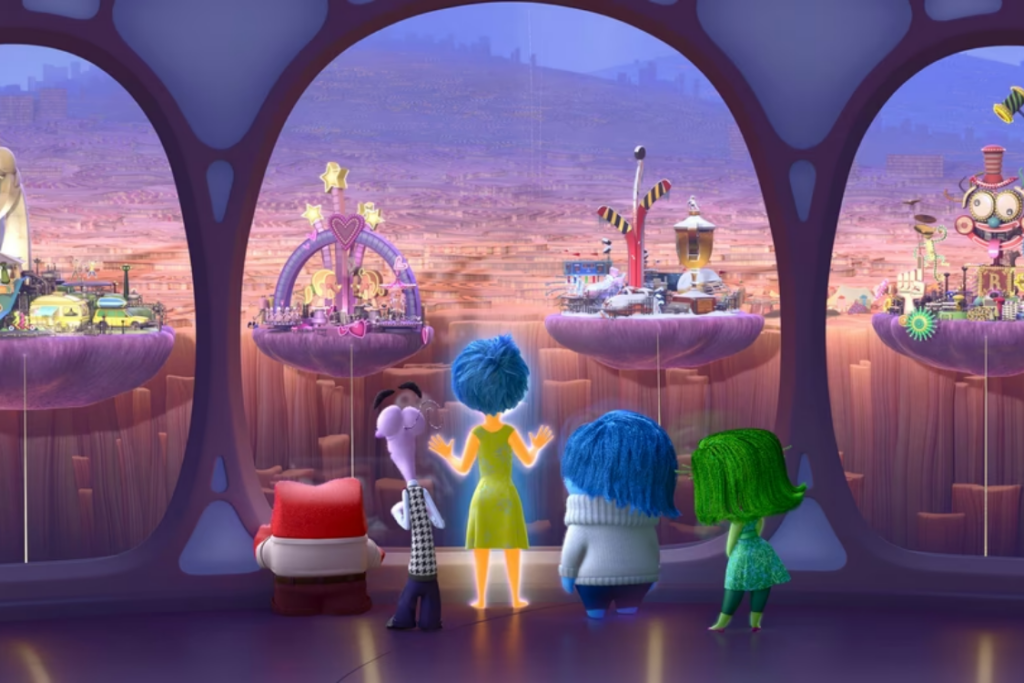 Joy, Sadness, Anger, Fear, and Disgust standing together in Headquarters