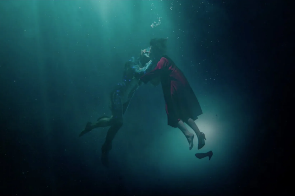 Shape of Water still underwater embrace scene