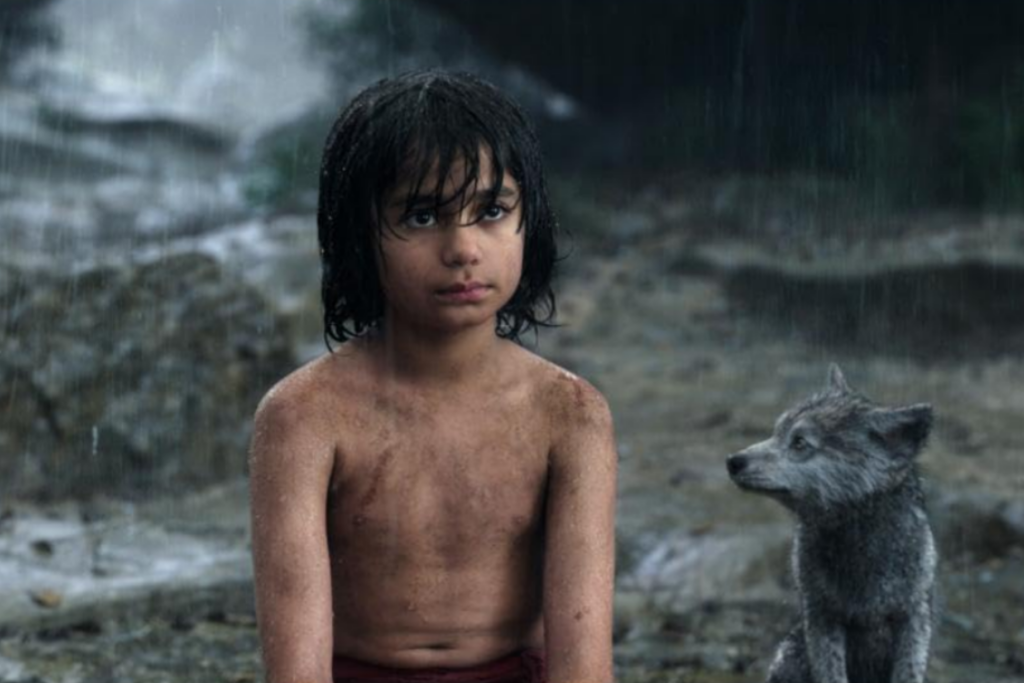 Mowgli in the jungle under the rain