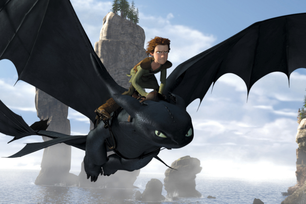 Hiccups riding on Toothless in How to Train Your Dragon