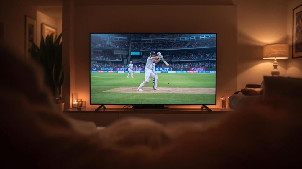 Baseball match playing on a television screen at night.