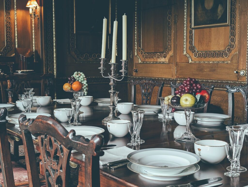 A dining room table set with white plates and silverware
