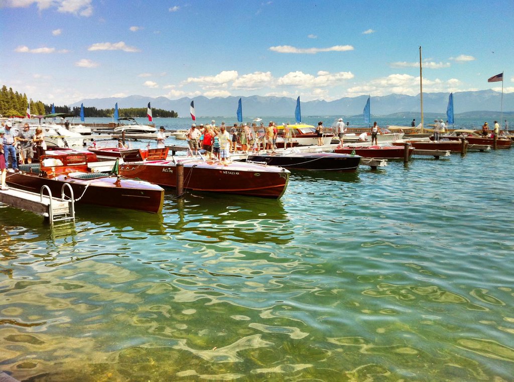 Flathead Lake, Lakeside with kayaking boats on dock