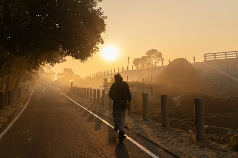 Person walking on a misty road at golden sunrise.