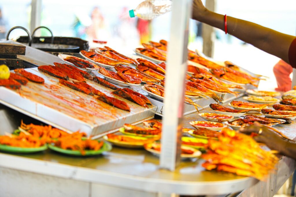 a buffet table filled with lots of food