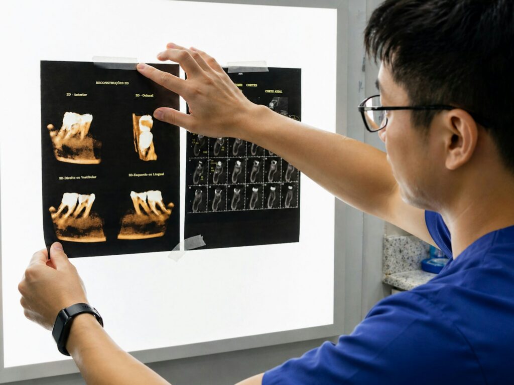 Dentist examining dental x-rays on light board