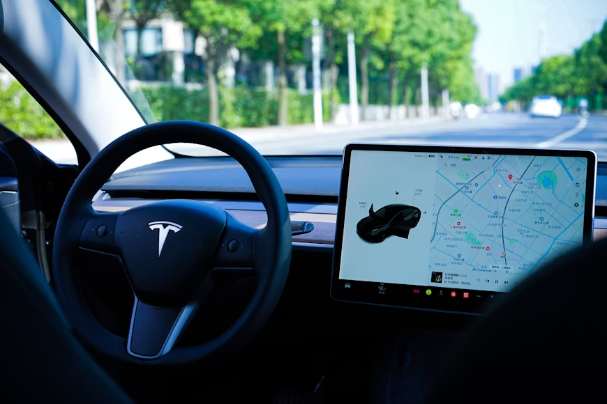 Tesla dashboard showing driver-assistance technology