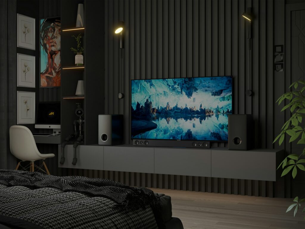 a living room with a large flat screen tv