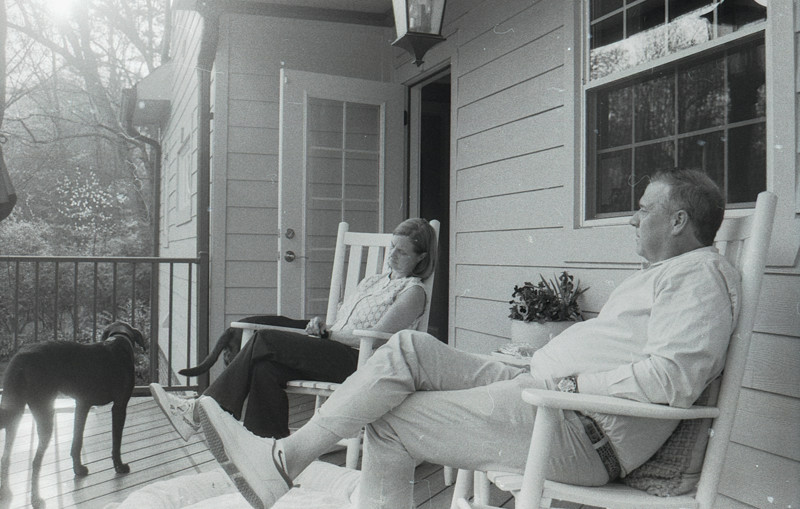 A couple and their dog relaxing on a porch.