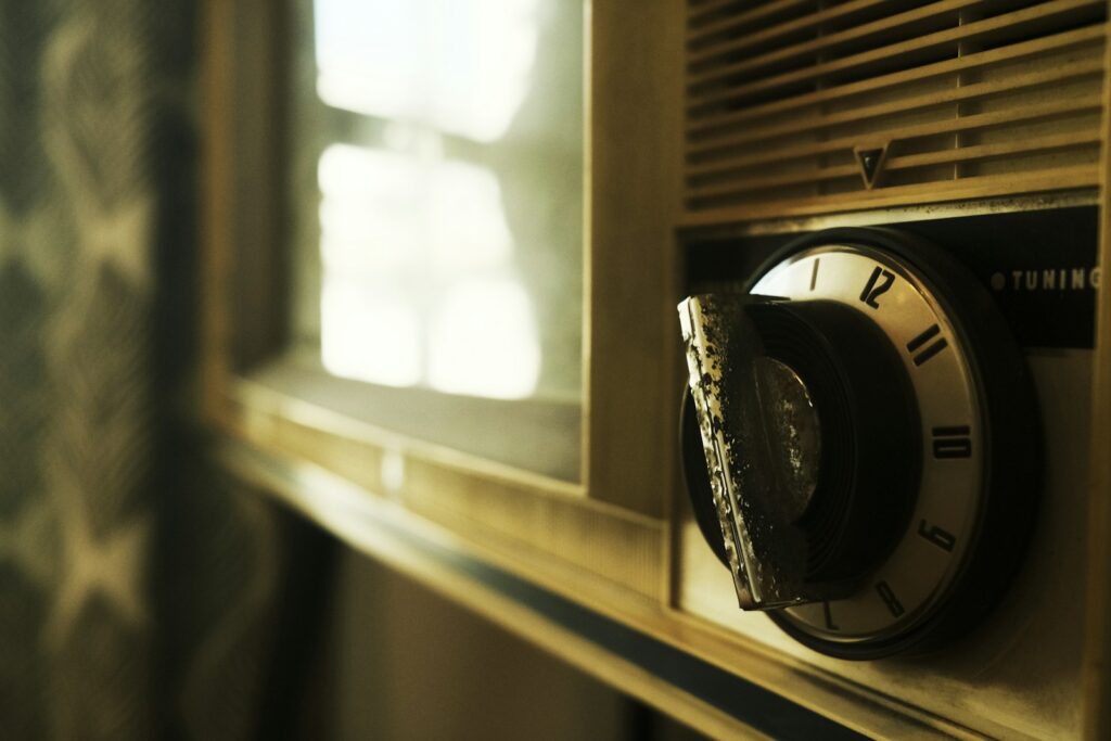 Close-up of a vintage television dial