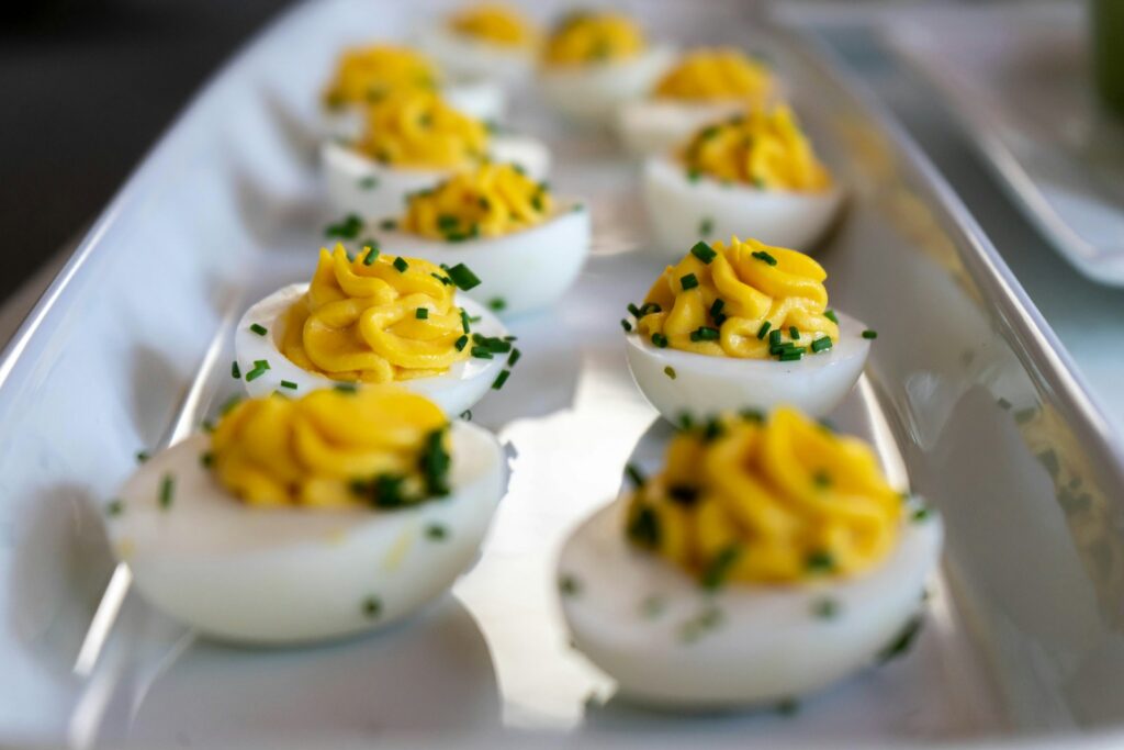 Tray of deviled eggs for 4th of July