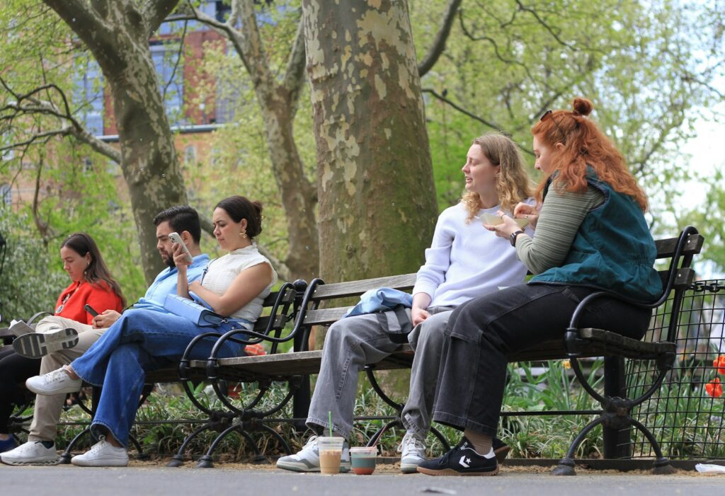 People sitting on a park bench on a sunny day