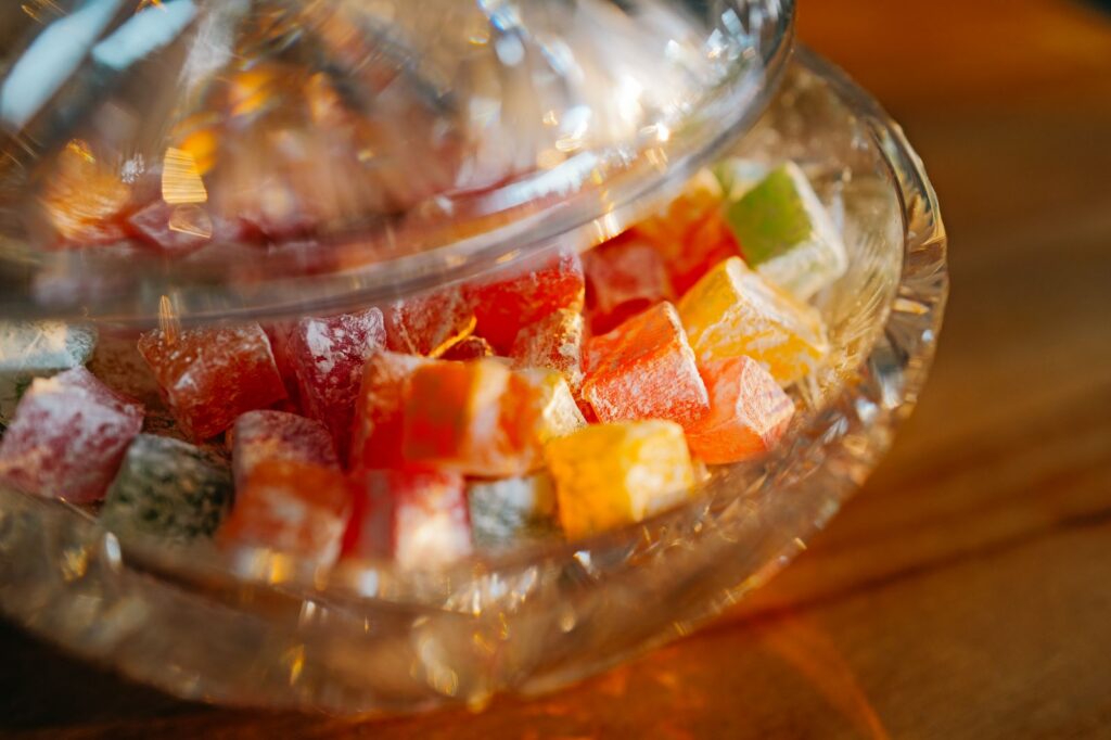 Colorful candy in glass dish